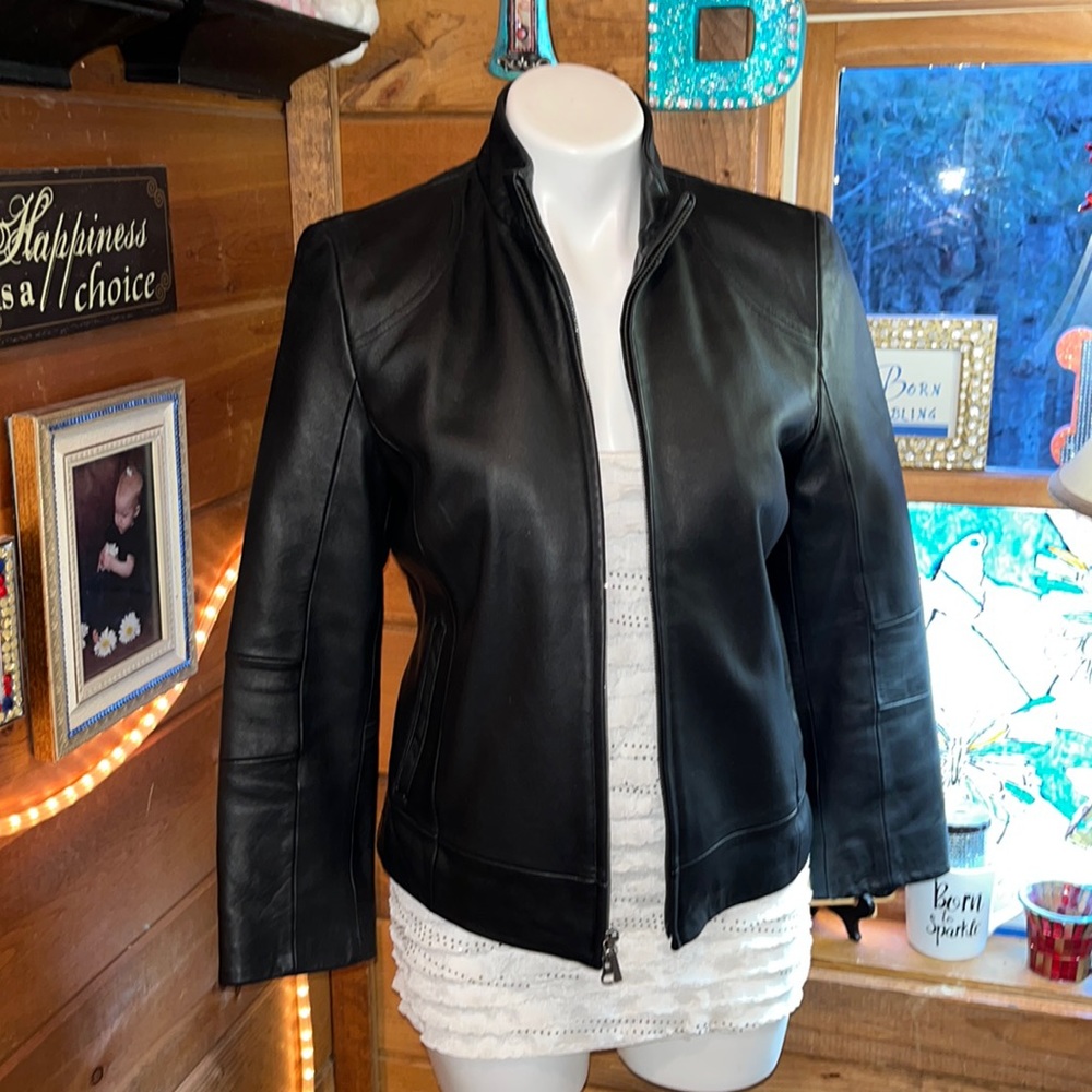 Black LEATHER JACKET NWOT zipper front pockets NICE SHARP COAT